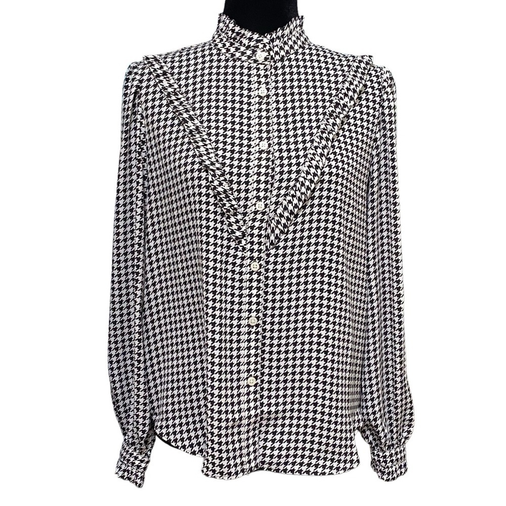 Ann Taylor Houndstooth Ruffle Neck Button Up Long Sleeve Blouse Small